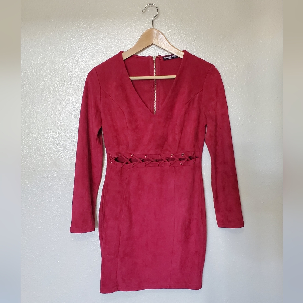 Red Velvet Holiday Dress Long Sleeve Peekaboo Bodycon Fitted Zip Up Dress